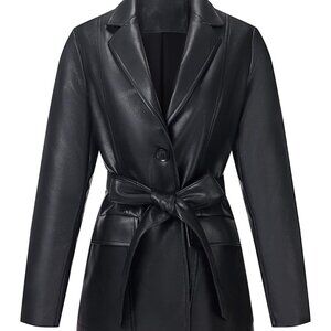 🆕 Women Black Faux Leather Blazer Jackets Spring Fashion Vegan Button Down Coat